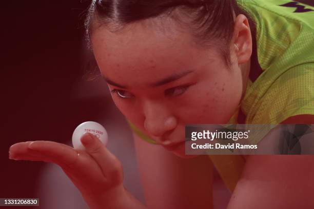Ito Mima of Team Japan serves the ball during her Women's Singles Semifinals match on day six of the Tokyo 2020 Olympic Games at Tokyo Metropolitan...