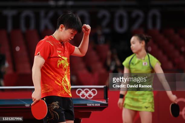 Sun Yingsha of Team China after winning her Women's Singles Semifinals match against Ito Mima of Team Japan on day six of the Tokyo 2020 Olympic...