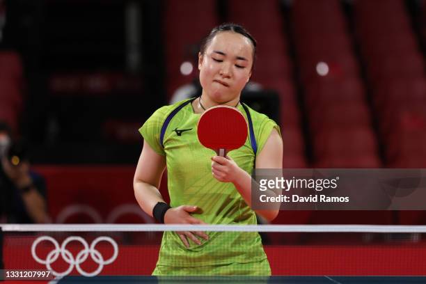 Ito Mima of Team Japan reacts after losing her Women's Singles Semifinals match on day six of the Tokyo 2020 Olympic Games at Tokyo Metropolitan...