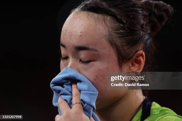 Ito Mima of Team Japan reacts after losing her Women's Singles Semifinals match on day six of the Tokyo 2020 Olympic Games at Tokyo Metropolitan...