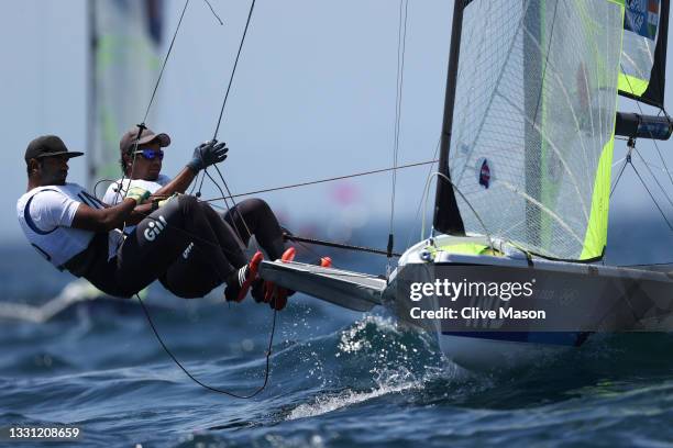 Ganapathy Kelapanda and Varun Thakkar of Team India compete in the Men's Skiff 49er class on day six of the Tokyo 2020 Olympic Games at Enoshima...