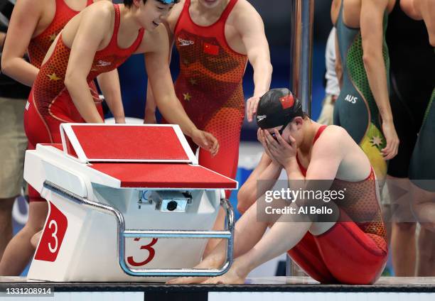 Bingjie Li of Team China reacts after winning the gold medal in the Women's 4 x 200m Freestyle Relay Final on day six of the Tokyo 2020 Olympic Games...