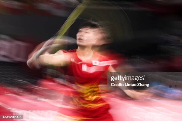 Akane Yamaguchi of Team Japan competes against Kim Gaeun of Team South Korea during a Women's Singles Round of 16 match on day six of the Tokyo 2020...