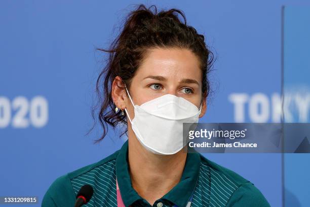 Rosie Popa of Team Australia speaks to the media during the Australian Rowing Medalist press conference on day six of the Tokyo Olympic Games at...
