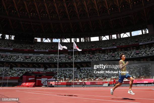 Pole vault world record holder Armand Duplantis of Sweden gets the feel of the track ahead of competition in athletics at the National Stadium ahead...