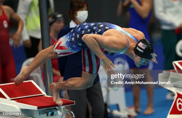 Allison Schmitt of United States competes in the Women's 4 x 200m Freestyle Relay Final on day six of the Tokyo 2020 Olympic Games at Tokyo Aquatics...