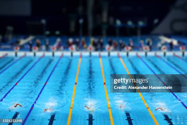 General view of the start of the Women's 4 x 200m Freestyle Relay Final on day six of the Tokyo 2020 Olympic Games at Tokyo Aquatics Centre on July...