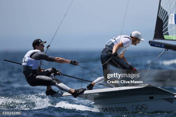 Peter Burling and Blair Tuke of Team New Zealand compete in the Men's Skiff 49er class on day six of the Tokyo 2020 Olympic Games at Enoshima Yacht...