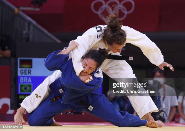 Anna-Maria Wagner of Team Germany and Mayra Aguiar of Team Brazil compete during the Women’s Judo 78kg Quarterfinal on day six of the Tokyo 2020...