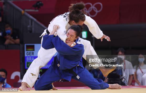 Anna-Maria Wagner of Team Germany and Mayra Aguiar of Team Brazil compete during the Women’s Judo 78kg Quarterfinal on day six of the Tokyo 2020...
