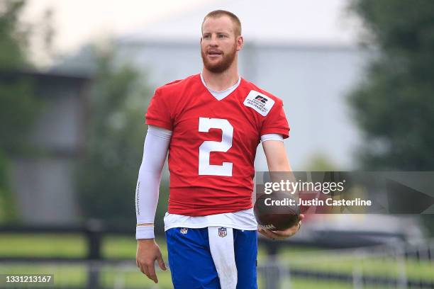 Carson Wentz of the Indianapolis Colts on the field during the Indianapolis Colts Training Camp at Grand Park on July 28, 2021 in Westfield, Indiana.
