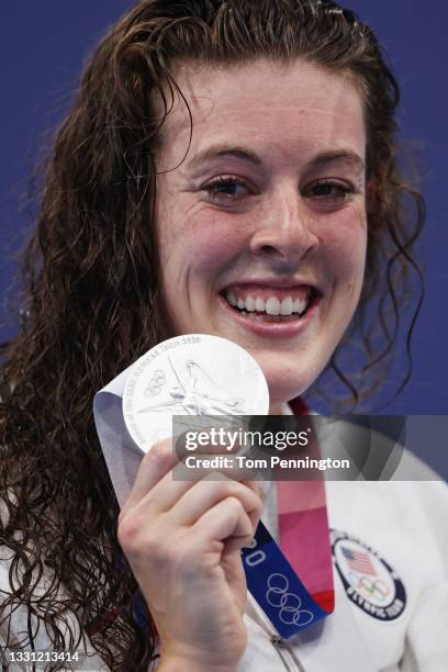 Silver medalist Allison Schmitt of Team United States poses with her silver medal for the Women's 4 x 200m Freestyle Relay Final on day six of the...