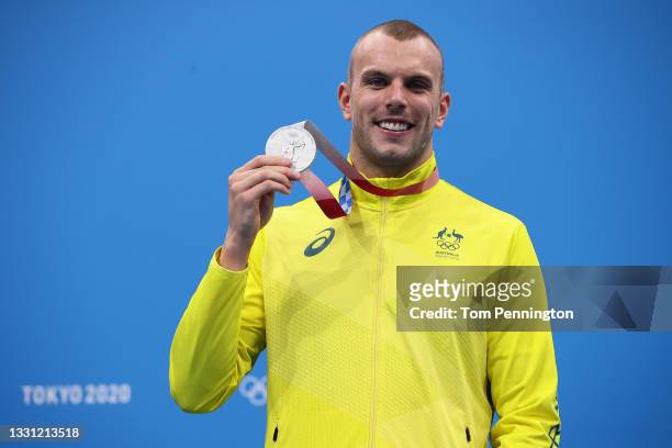 Silver medalist Kyle Chalmers of Team Australia poses during the medal ceremony for the Men's 100m Freestyle Final on day six of the Tokyo 2020...