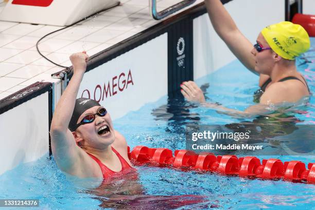 Li Bingjie of Team China celebrates winning gold in the Women's 4 x 200m Freestyle Relay Final on day six of the Tokyo 2020 Olympic Games at Tokyo...