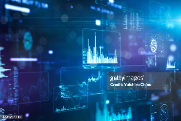 futuristic monitor with information data - finanzwirtschaft und industrie stock-fotos und bilder