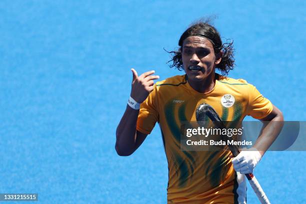 Mustaphaa Cassiem of Team South Africa celebrates a goal scored during the Men's Preliminary Pool B match between South Africa and Germany on day six...