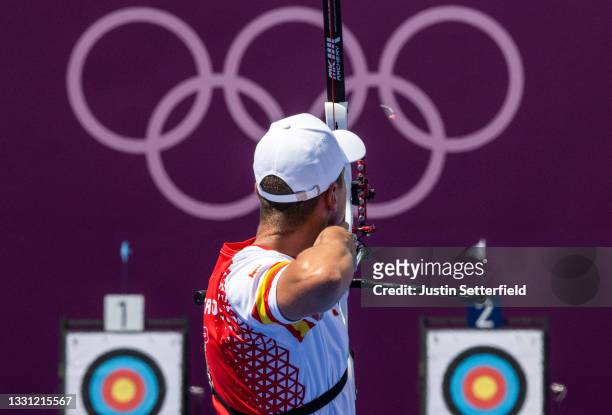 Daniel Castro of Team Spain competes in the archery Men's Individual 1/32 Eliminations on day six of the Tokyo 2020 Olympic Games at Yumenoshima Park...