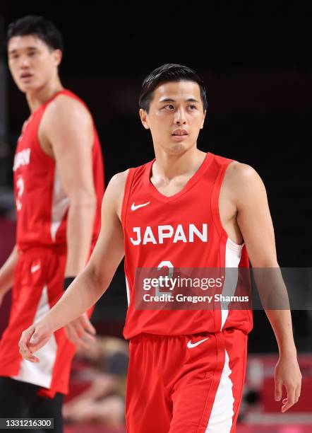 Yuki Togashi of Team Japan looks on against Slovenia during the first half of a Men's Preliminary Round Group C game on day six of the Tokyo 2020...