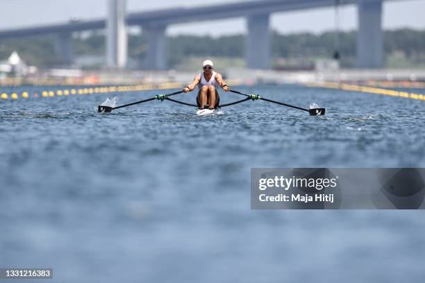 Jordan Parry of Team New Zealand competes in the men's single sculls semi-final on day six of the Tokyo 2020 Olympic Games at Sea Forest Waterway on...