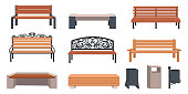 Garden bench. Cartoon wooden and wicker furniture for streets and parks. Outdoor municipal chairs set. Urban metal rubbish bins. Vector landscape seats or trash cans for public places