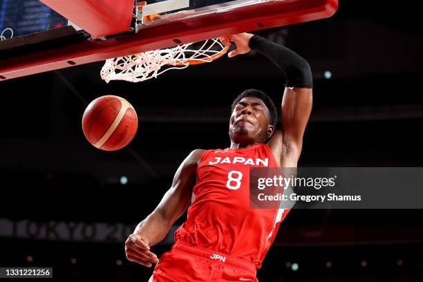 Rui Hachimura of Team Japan dunks against Slovenia during the second half of a Men's Preliminary Round Group C game on day six of the Tokyo 2020...