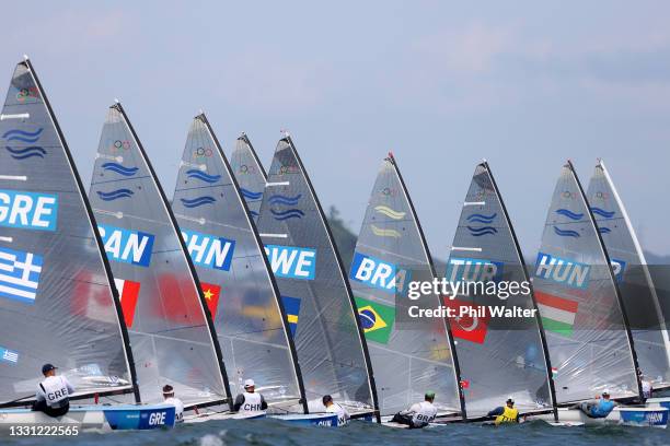 Men's Finn class race gets underway on day six of the Tokyo 2020 Olympic Games at Enoshima Yacht Harbour on July 29, 2021 in Fujisawa, Kanagawa,...