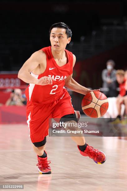 Yuki Togashi of Team Japan brings the ball up court during the second half of a Men's Preliminary Round Group C game on day six of the Tokyo 2020...