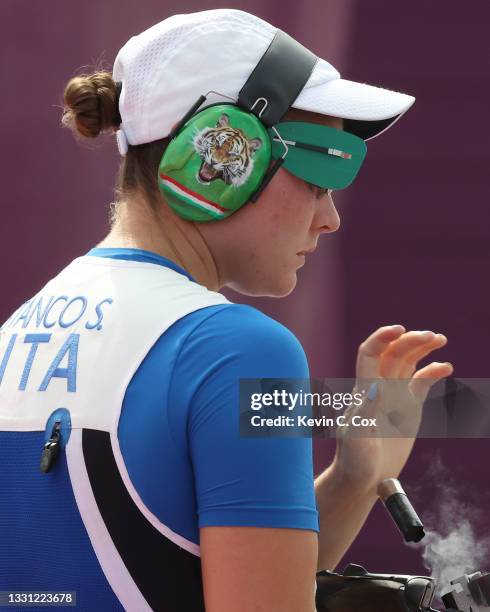 Silvana Stanco of Team Italy competes during the Trap Women's Finals on day six of the Tokyo 2020 Olympic Games at Asaka Shooting Range on July 29,...