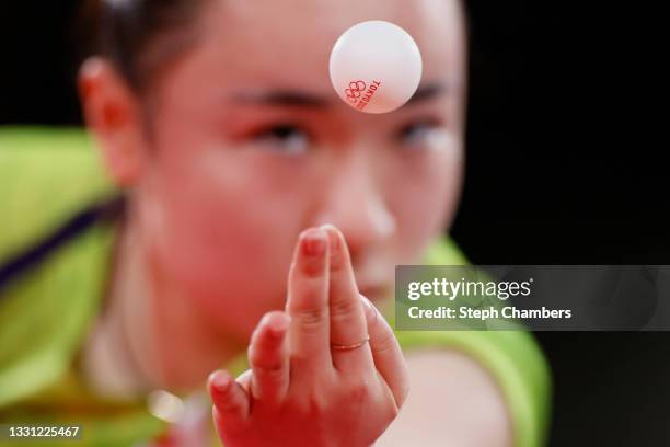 Ito Mima of Team Japan serves the ball during her Women's Singles Semifinals match on day six of the Tokyo 2020 Olympic Games at Tokyo Metropolitan...