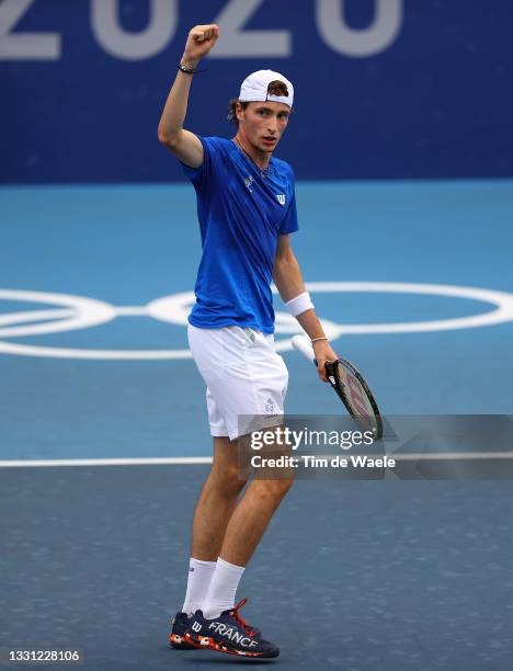 Ugo Humbert of Team France celebrates after a point during his Men's Singles Quarterfinal match against Karen Khachanov of Team ROC on day six of the...