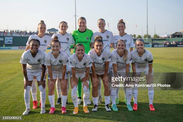 The starting XI for the North Carolina Courage pose for a photo before a game between North Carolina Courage and Kansas City at Legends Field on July...