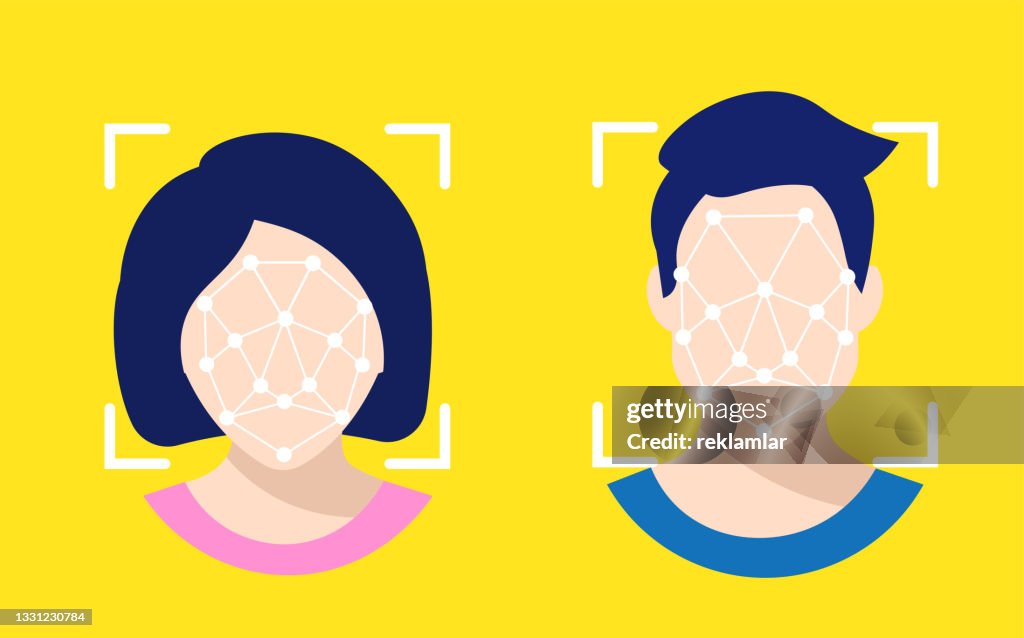 Concepto de sistema de reconocimiento facial. Ilustración vectorial biométrica, de reconocimiento facial, reconocimiento y verificación de un hombre y una mujer.