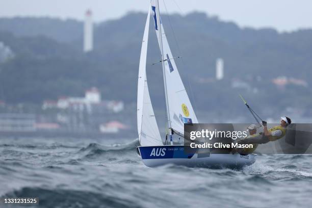 Mathew Belcher and Will Ryan of Team Australia compete in the Men's 470 class on day six of the Tokyo 2020 Olympic Games at Enoshima Yacht Harbour on...