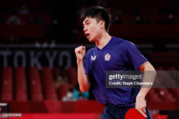 Lin Yun Ju of Team Chinese Taipei reacts during his Men's Singles Semifinals match on day six of the Tokyo 2020 Olympic Games at Tokyo Metropolitan...