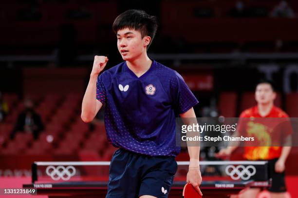 Lin Yun Ju of Team Chinese Taipei reacts during his Men's Singles Semifinals match on day six of the Tokyo 2020 Olympic Games at Tokyo Metropolitan...