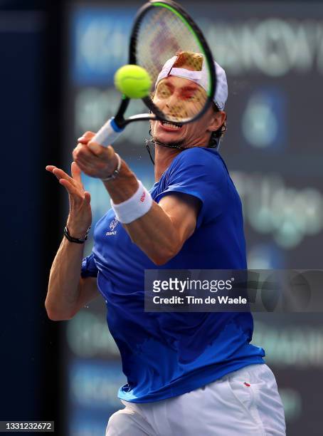 Ugo Humbert of Team France plays a forehand during his Men's Singles Quarterfinal match against Karen Khachanov of Team ROC on day six of the Tokyo...
