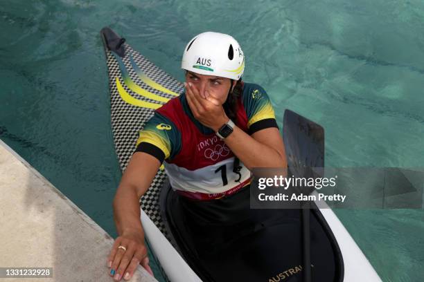 Jessica Fox of Team Australia reacts after her run in the Women's Canoe Slalom final on day six of the Tokyo 2020 Olympic Games at Kasai Canoe Slalom...