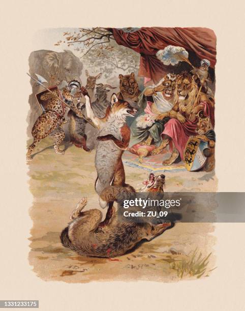 stockillustraties, clipart, cartoons en iconen met reynard defeated isegrim, scene from "reynard the fox", published 1898 - animal win