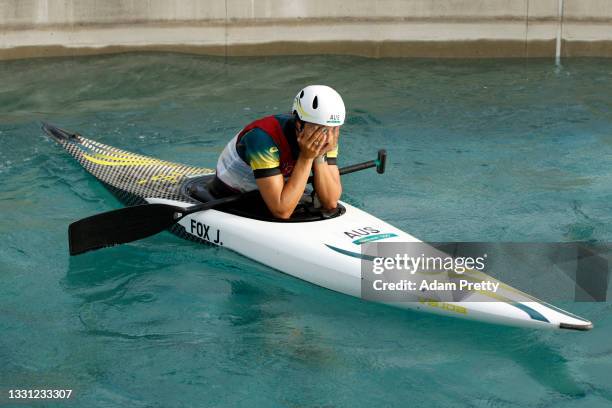 Jessica Fox of Team Australia reacts after her run in the Women's Canoe Slalom final on day six of the Tokyo 2020 Olympic Games at Kasai Canoe Slalom...