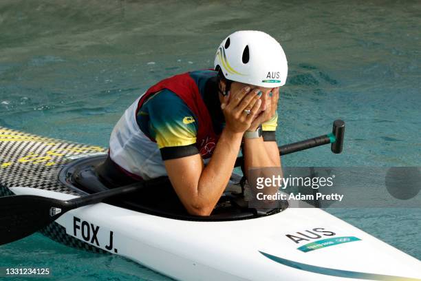 Jessica Fox of Team Australia reacts after her run in the Women's Canoe Slalom final on day six of the Tokyo 2020 Olympic Games at Kasai Canoe Slalom...