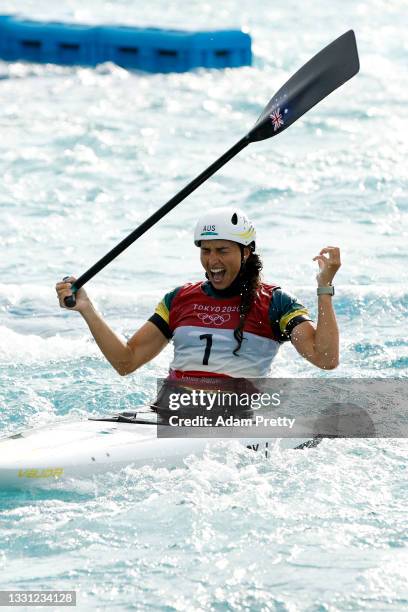 Jessica Fox of Team Australia reacts after her run in the Women's Canoe Slalom final on day six of the Tokyo 2020 Olympic Games at Kasai Canoe Slalom...