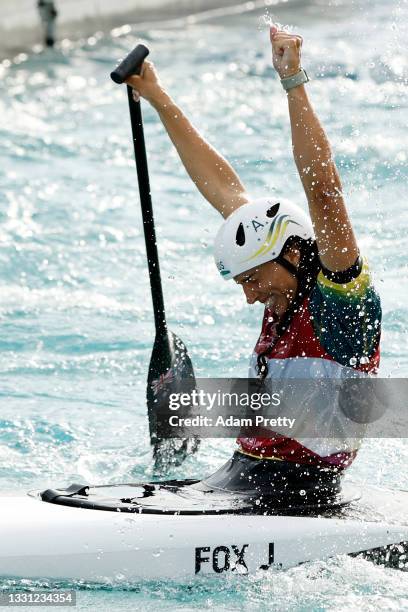 Jessica Fox of Team Australia reacts after her run in the Women's Canoe Slalom final on day six of the Tokyo 2020 Olympic Games at Kasai Canoe Slalom...