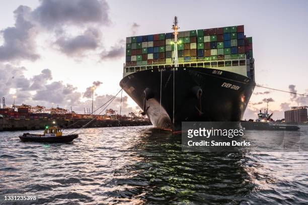 The Ever Given is docked at the Europoort harbour on July 29, 2021 in Rotterdam, Netherlands. The container ship Ever Given, which blocked the Suez...