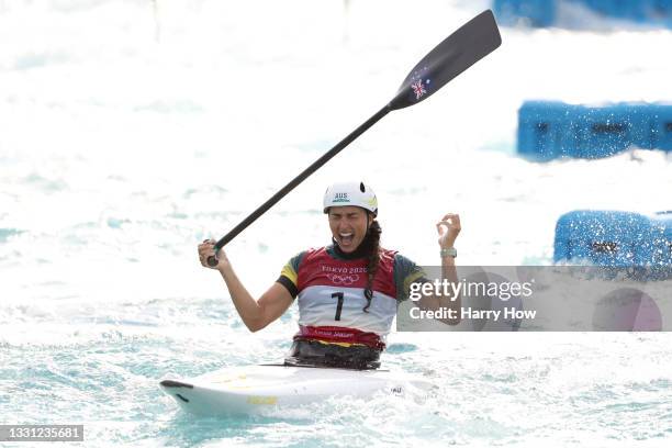 Jessica Fox of Team Australia reacts after her run in the Women's Canoe Slalom final on day six of the Tokyo 2020 Olympic Games at Kasai Canoe Slalom...