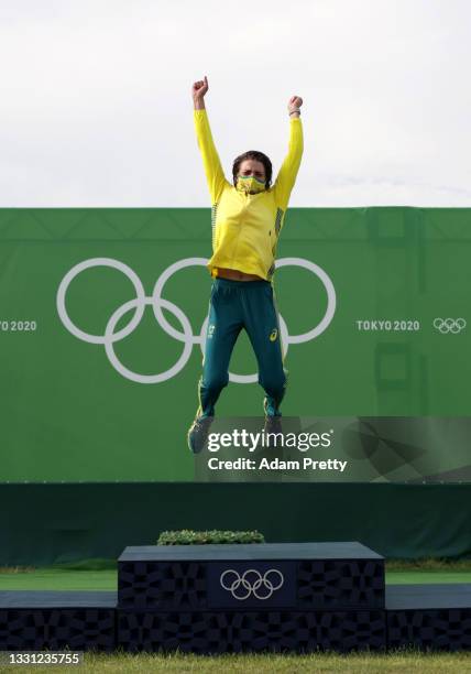 Gold medalist Jessica Fox of Team Australia celebrates during medal ceremony following the Women's Canoe Slalom final on day six of the Tokyo 2020...