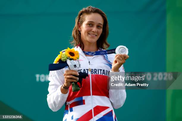 Silver medalist Mallory Franklin of Team Great Britain celebrates at the medal ceremony following the Women's Canoe Slalom final on day six of the...