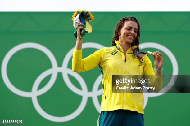 Gold medalist Jessica Fox of Team Australia celebrates during the medal ceremony following the Women's Canoe Slalom final on day six of the Tokyo...