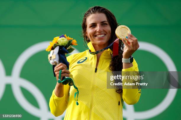 Gold medalist Jessica Fox of Team Australia celebrates during the medal ceremony following the Women's Canoe Slalom final on day six of the Tokyo...