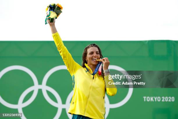 Gold medalist Jessica Fox of Team Australia celebrates during the medal ceremony following the Women's Canoe Slalom final on day six of the Tokyo...