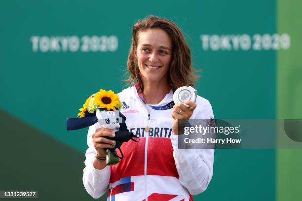 Silver medalist Mallory Franklin of Team Great Britain celebrates at the medal ceremony following the Women's Canoe Slalom Final on day six of the...